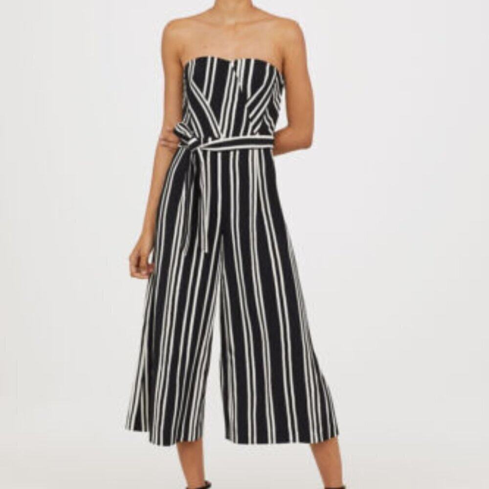 H&M Black White Stripe Strapless Wide Leg Cropped Jumpsuit One-Piece Size 4